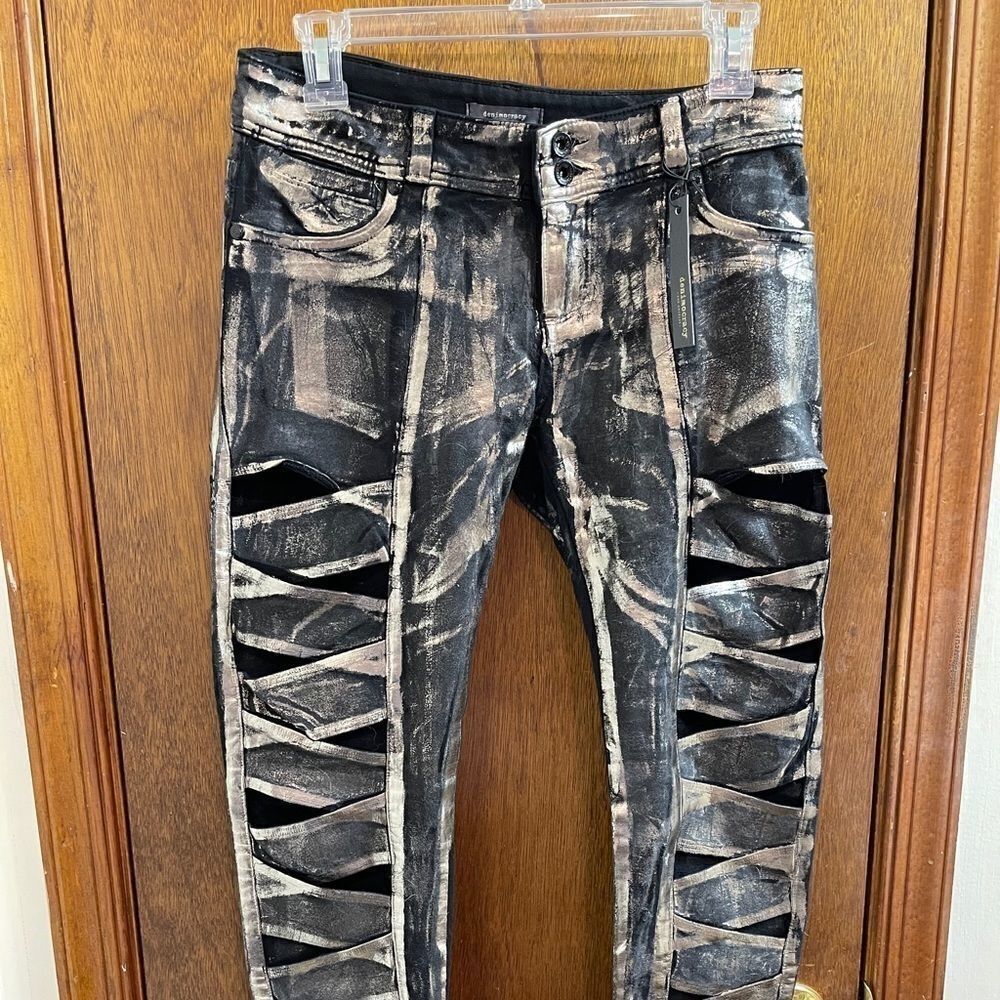 NWT Denimocracy Black Gold Shredded Denim Stretchy